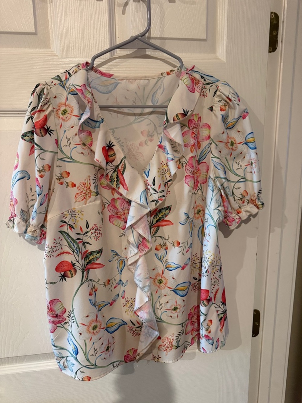 SHEIN White Floral Ruffle V-Neck Blouse with Multicolor Print
